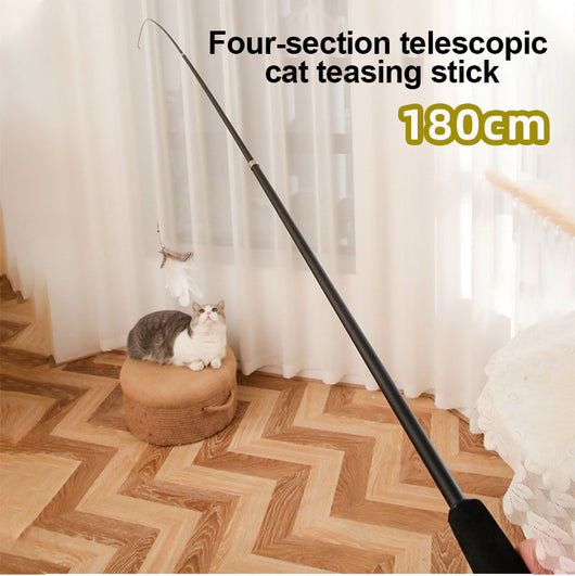 Extendable Cat Teasing Stick with Feather Replacement Head for Interactive Playtime