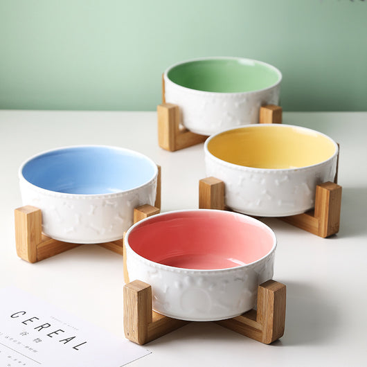 Ceramic and Bamboo Pet Water and Food Bowl for Cats and Dogs