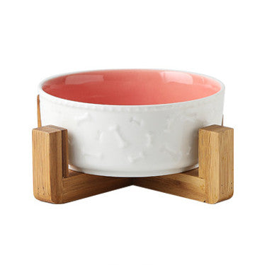 Ceramic and Bamboo Pet Water and Food Bowl for Cats and Dogs