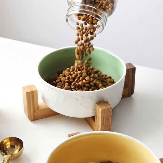 Ceramic and Bamboo Pet Water and Food Bowl for Cats and Dogs