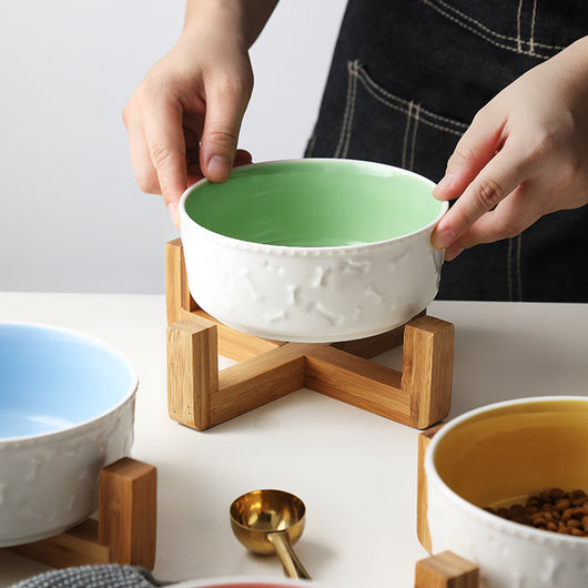 Ceramic and Bamboo Pet Water and Food Bowl for Cats and Dogs