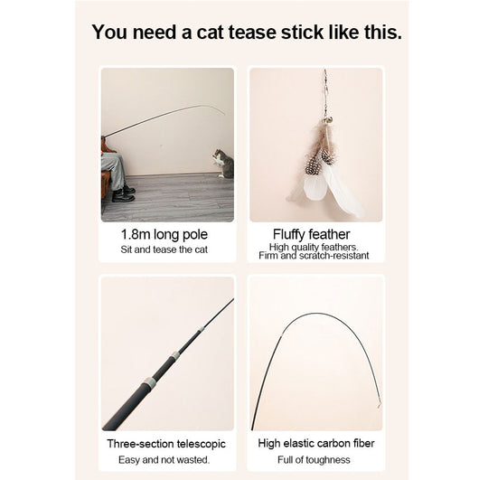 Extendable Cat Teasing Stick with Feather Replacement Head for Interactive Playtime